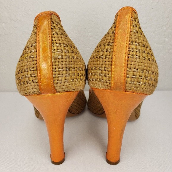 PRADA Woven Color Block Orange Croc Cap Toe Green Leather Trim Pumps Size 37 EU - Picture 6 of 15